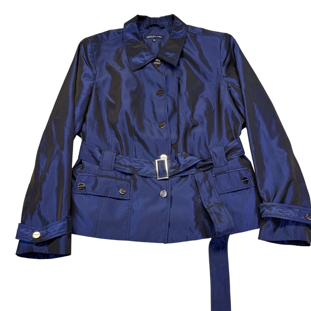 Jones New York Signature Navy Blue Iridescent Belted Jacket Women Size XL
